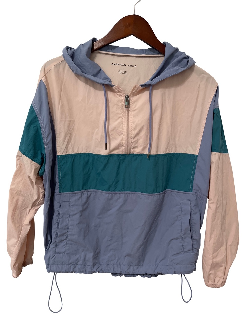 American Eagle Hooded Colorblock Windbreaker Jacket Blue Pink Half Zip
